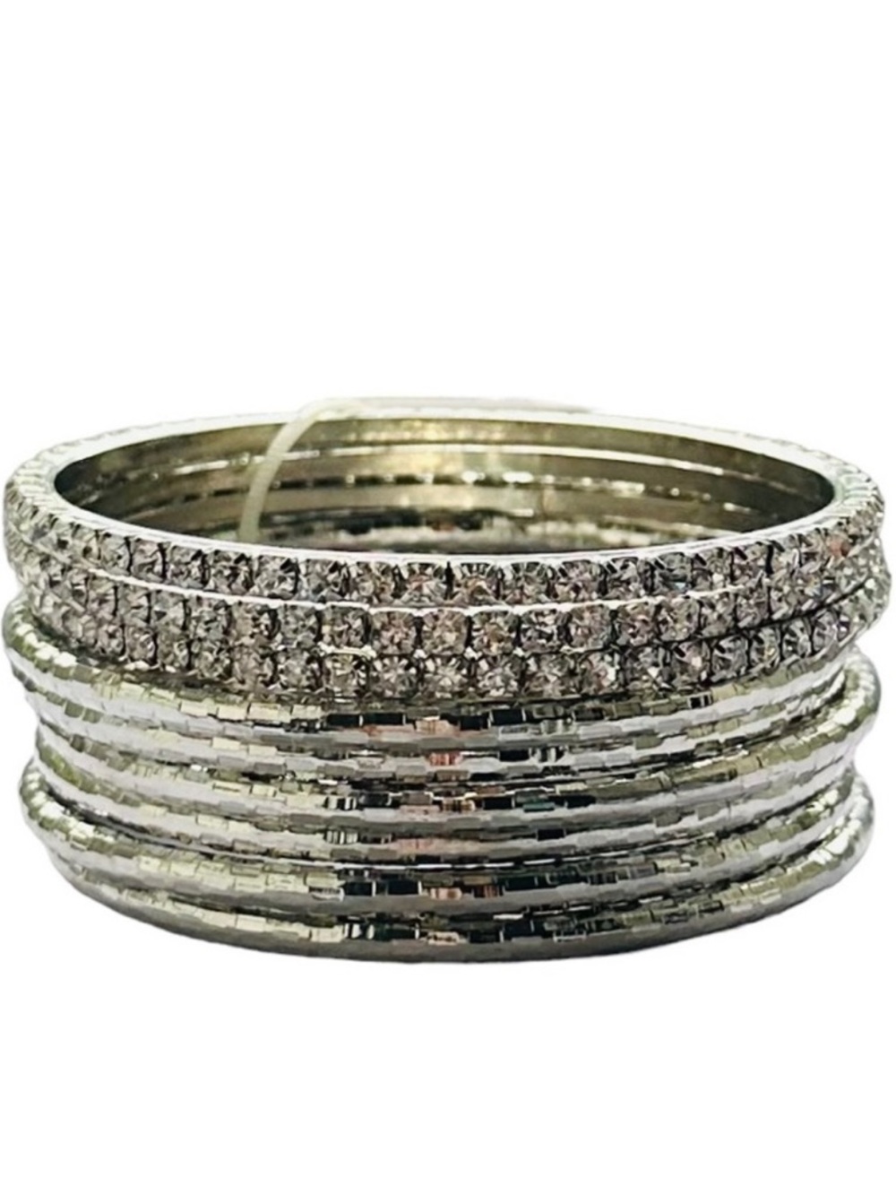 Set of 9 Bebe Silver and Rhinestone Stackable Bangle Bracelets - Picture 6 of 7
